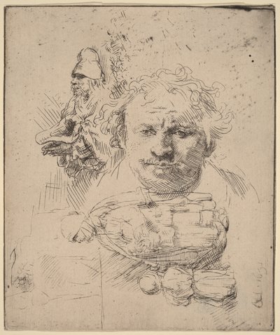 Folha de esboços com o rosto do artista, um mendigo, uma mulher e uma criança de Rembrandt van Rijn
