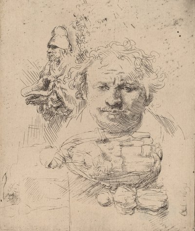 Folha de estudos com o chefe do artista, um mendigo e mulher e criança, 1651. de Rembrandt van Rijn