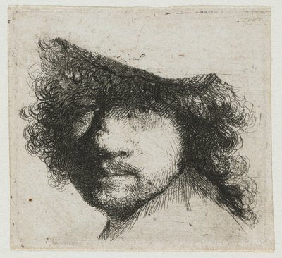 Folha de estudos: cabeça do artista de Rembrandt van Rijn