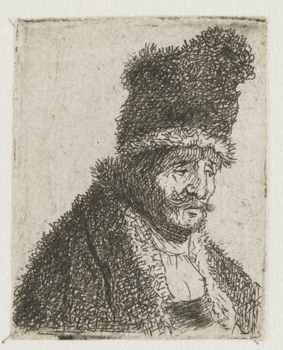 Folha com estudos da cabeça de homens: ancião com casaco de peles e gorro alto de Rembrandt van Rijn