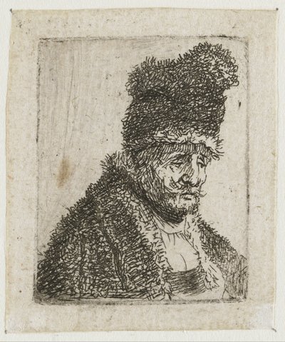 Folha com estudos da cabeça de homens: ancião com casaco de peles e gorro alto de Rembrandt van Rijn