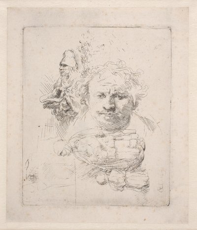 Folha com estudos da cabeça de Rembrandt, um mendigo, uma mulher e uma criança de Rembrandt van Rijn