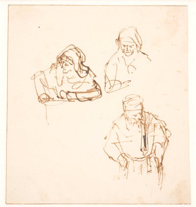 Esboço com dois estudos de uma mulher e um estudo de um homem de Rembrandt van Rijn