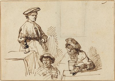 Esboços de uma taverna: mulher em pé e dois homens sentados de Rembrandt van Rijn