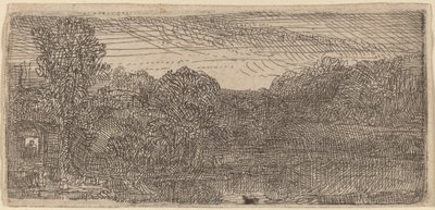 Pequena paisagem cinza: uma casa e árvores ao lado de uma piscina de Rembrandt van Rijn