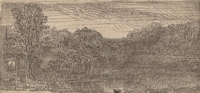 Pequena paisagem cinza: uma casa e árvores ao lado de uma piscina, c. 1640. de Rembrandt van Rijn