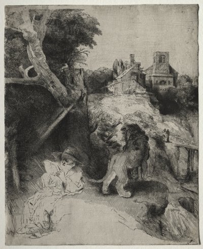 São Jerônimo lendo em uma paisagem italiana de Rembrandt van Rijn