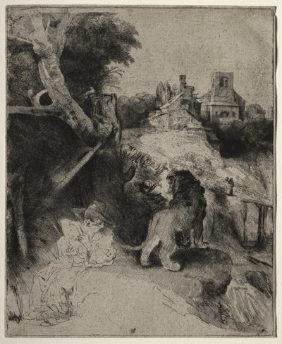 St. Jerome Reading em uma paisagem italiana, c. 1653 de Rembrandt van Rijn