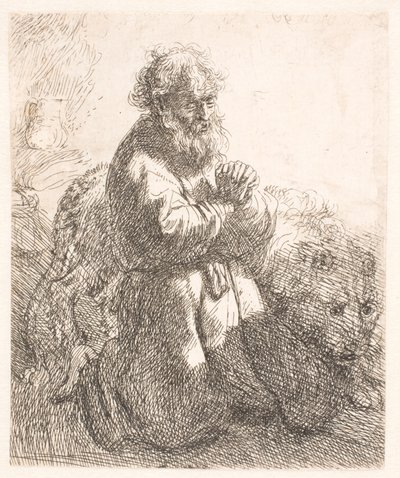 São Jerônimo ajoelhado em oração, olhando para baixo de Rembrandt van Rijn
