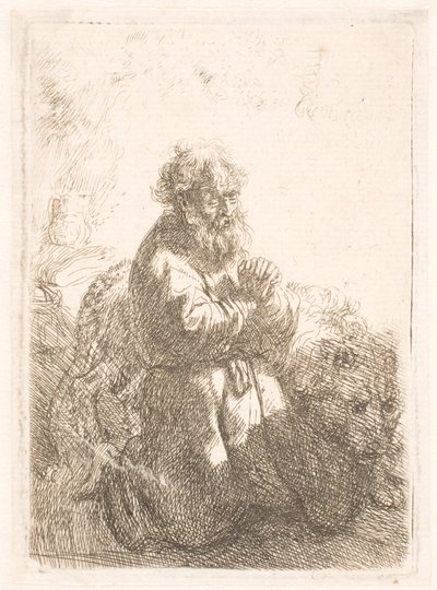 São Jerônimo ajoelhado em oração, olhando para baixo de Rembrandt van Rijn