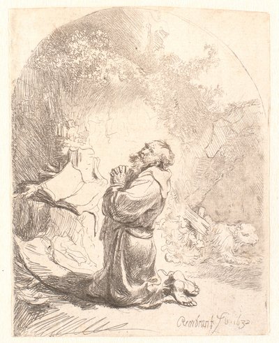 São Jerônimo rezando: estampa em arco de Rembrandt van Rijn