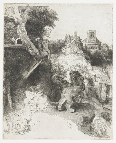 São Jerónimo a ler numa paisagem italiana de Rembrandt van Rijn