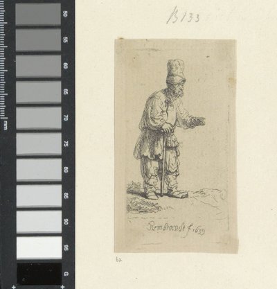 Camponês de pé, com capacete alto, apoiado sobre um pau
Recueil de quatre-vingt-cinq estampes originales (título da série) de Rembrandt van Rijn