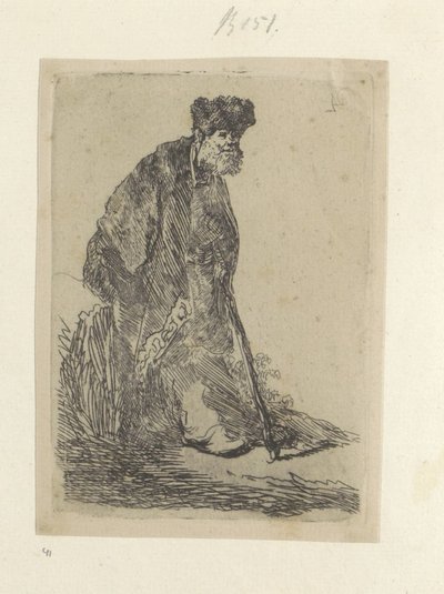 Staande man coloca een Lange mantel em Bontmuts Coleção de oitenta e cinco gravuras originais (título da série) de Rembrandt van Rijn