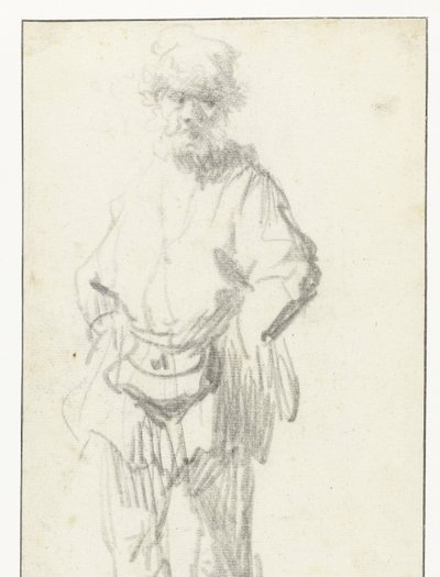 Homem em pé com uma bolsa de Rembrandt van Rijn