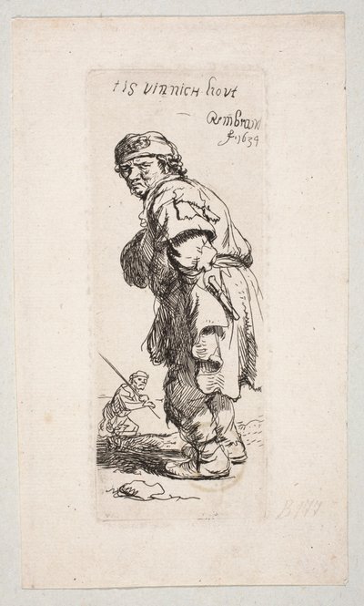 Camponês em pé, virado para a esquerda, e uma figura com um bastão ao fundo «Tis vinnich Kout» de Rembrandt van Rijn