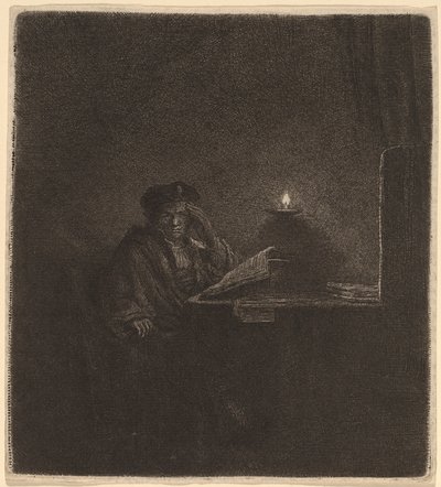 Estudante em uma mesa à luz de velas de Rembrandt van Rijn