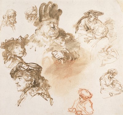 Estudos sobre cabeças de velhos e três mulheres com crianças, c.1635-36 (tinta e papel) de Rembrandt van Rijn