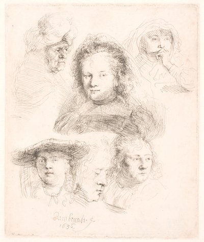 Estudos do chefe da Saskia e outros de Rembrandt van Rijn