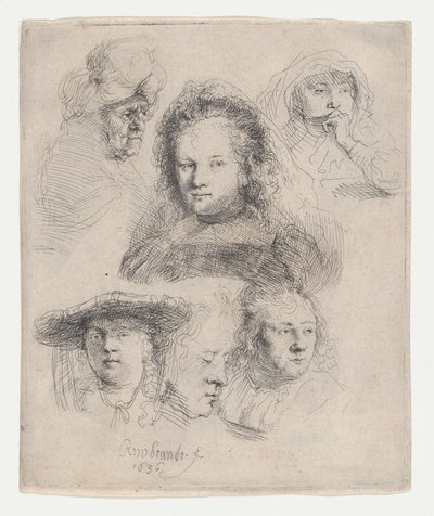 Estudos dos chefes de Saskia e outros, 1636., 1636. de Rembrandt van Rijn