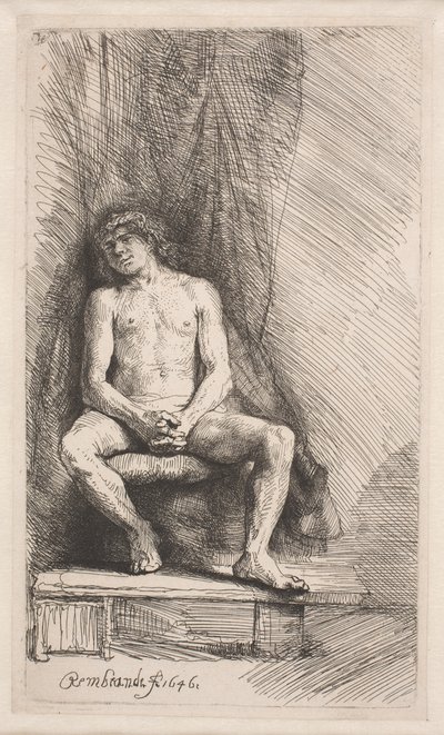 Estudo de nu: homem sentado diante de uma cortina de Rembrandt van Rijn