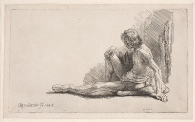 Estudo de nu: homem sentado no chão com uma perna estendida de Rembrandt van Rijn