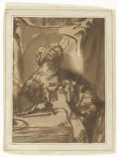O ator Willem Bartholsz Ruyter no papel do rei Assuero no seu trono de Rembrandt van Rijn