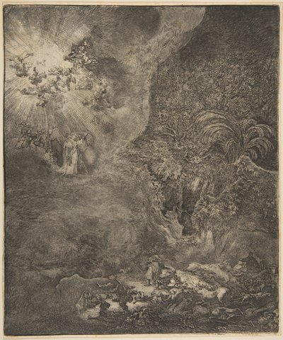 O anjo que aparece aos pastores. de Rembrandt van Rijn