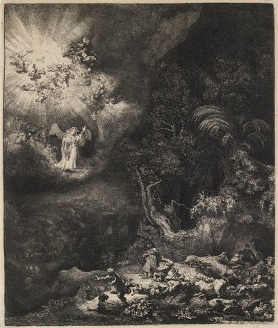 O anjo aparecendo aos pastores, 1634. de Rembrandt van Rijn
