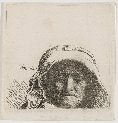 A mãe do artista: apenas a cabeça, de frente de Rembrandt van Rijn