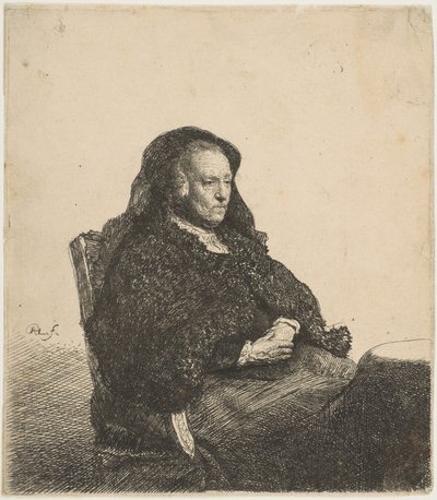 A Mãe dos Artistas Sentada à Mesa Olhando à Direita: Comprimento de Três Quartos, ca. 1631 de Rembrandt van Rijn