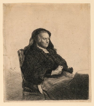 A mãe do artista sentada em uma mesa, olhando para a direita: três quartos de Rembrandt van Rijn