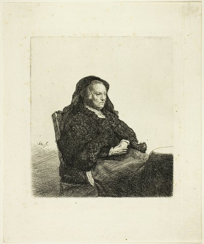 A mãe do artista sentada à mesa, olhando para a direita: Três quartos de comprimento de Rembrandt van Rijn