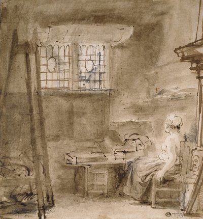 The Artist&39;s Studio, 1659 (caneta e dois tons de tinta marrom, cinza-marrom, algumas correções em branco) de Rembrandt van Rijn