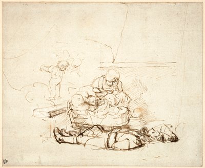 A Sagrada Família dormindo, com anjos, 1645 (caneta e tinta com guache sobre papel) de Rembrandt van Rijn