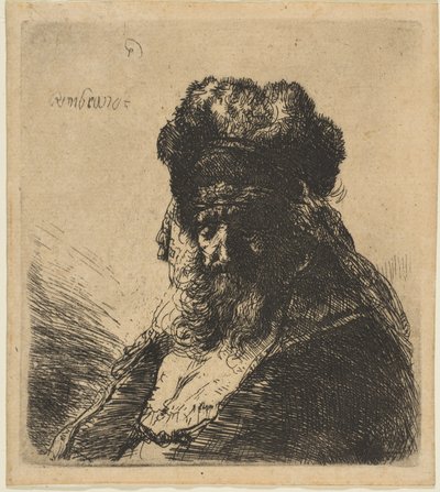 O velho barbudo em um gorro de pele alta, com os olhos fechados, c. 1635. de Rembrandt van Rijn