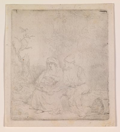 O Descanso durante o Voo (ligeiramente gravado) de Rembrandt van Rijn