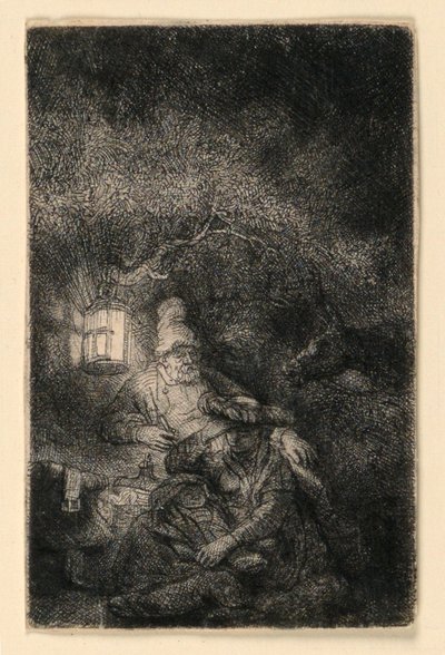 O descanso na fuga para o Egito: um pedaço da noite de Rembrandt van Rijn