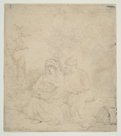 O Descanso na Fuga para o Egito, levemente gravado, 1645. de Rembrandt van Rijn