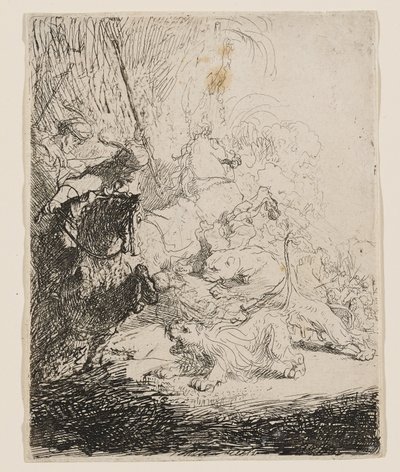A Caça ao Pequeno Leão (com Dois Leões) de Rembrandt van Rijn