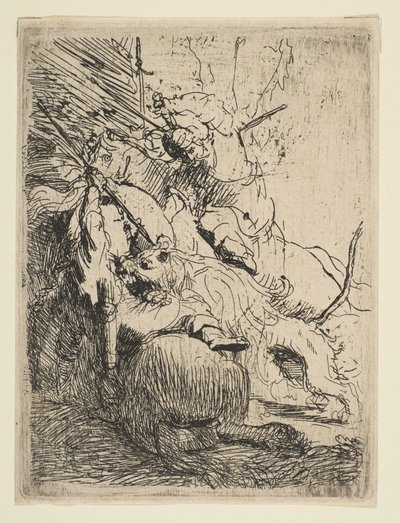 A caça ao leão pequeno com um leão, ca. 1629 de Rembrandt van Rijn