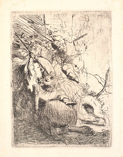 A caça ao pequeno leão (com um leão) de Rembrandt van Rijn