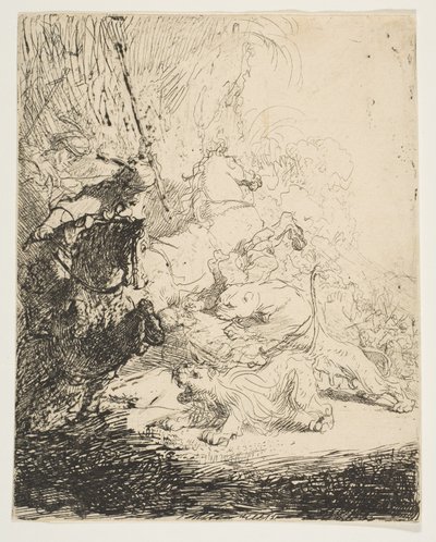 A caça ao leão pequeno, com dois leões, ca. 1632 de Rembrandt van Rijn