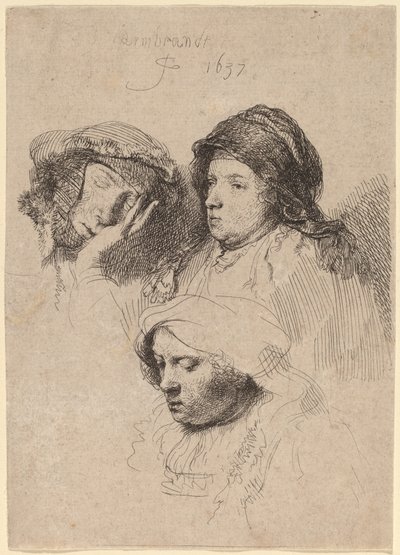 Três cabeças de mulheres, uma dormindo de Rembrandt van Rijn