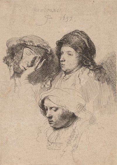 Três cabeças de mulheres, uma dormindo, 1637. de Rembrandt van Rijn