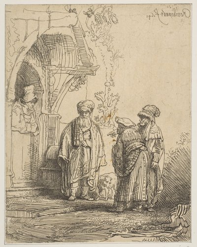 Três figuras orientais Jacob e Laban, 1641. de Rembrandt van Rijn