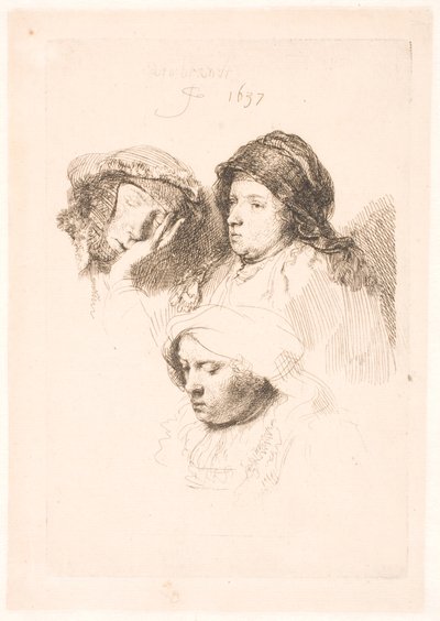 Três cabeças de mulheres, uma dormindo de Rembrandt van Rijn