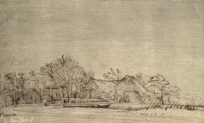 Paisagem de inverno com Cottages entre árvores, c.1650 (caneta de reed e tinta marrom) de Rembrandt van Rijn