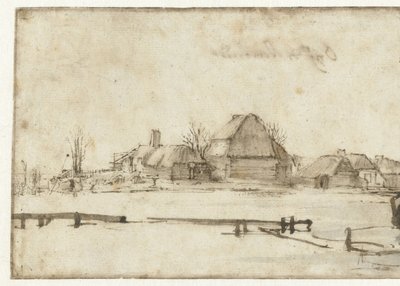 Vista de inverno com hidrovia, chalés e dois barcos de Rembrandt van Rijn