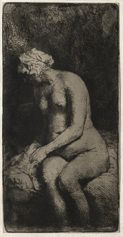 Mulher banhando os pés em um riacho de Rembrandt van Rijn